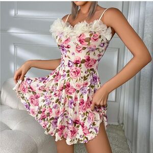 Women Sexy-Lingerie Sleepwear Lace Printing Chemise Full Slip Babydoll Nightwear